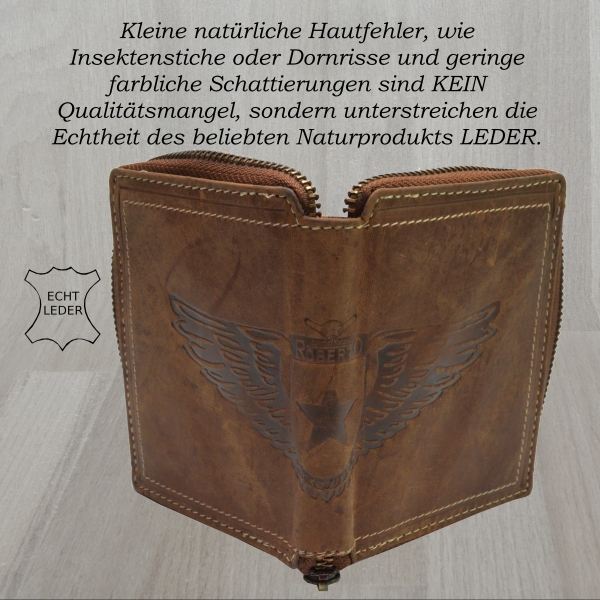 Echt Leder Herren Portemonnaie Vintage Design mit rundum Reißverschluss Geldbörse